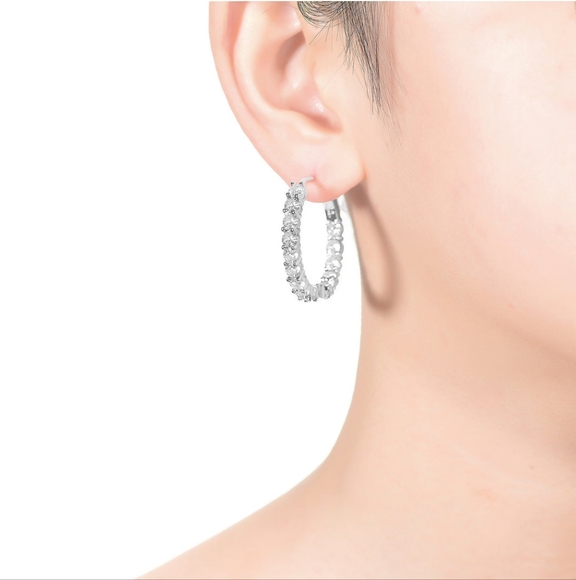 Rg White Gold Plated with Diamond CubicZirconia Inside Out Hoop Earrings - Picture 4 of 4